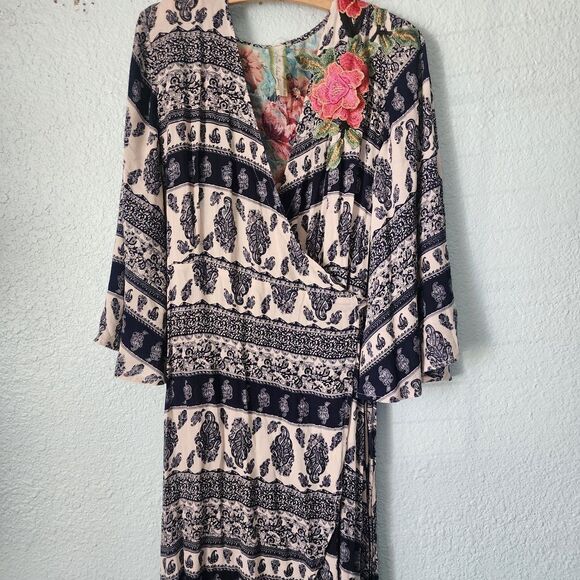 Aratta Silent Journey Chic Blue and Cream Floral High Low Bohemian Dress - Picture 2 of 16